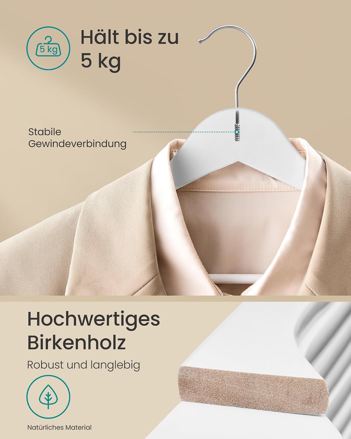 Detalle de SONGMICS Kleiderbügel aus Birkenholz (CRW040W01), 20er Set mit 360° drehbarem Haken