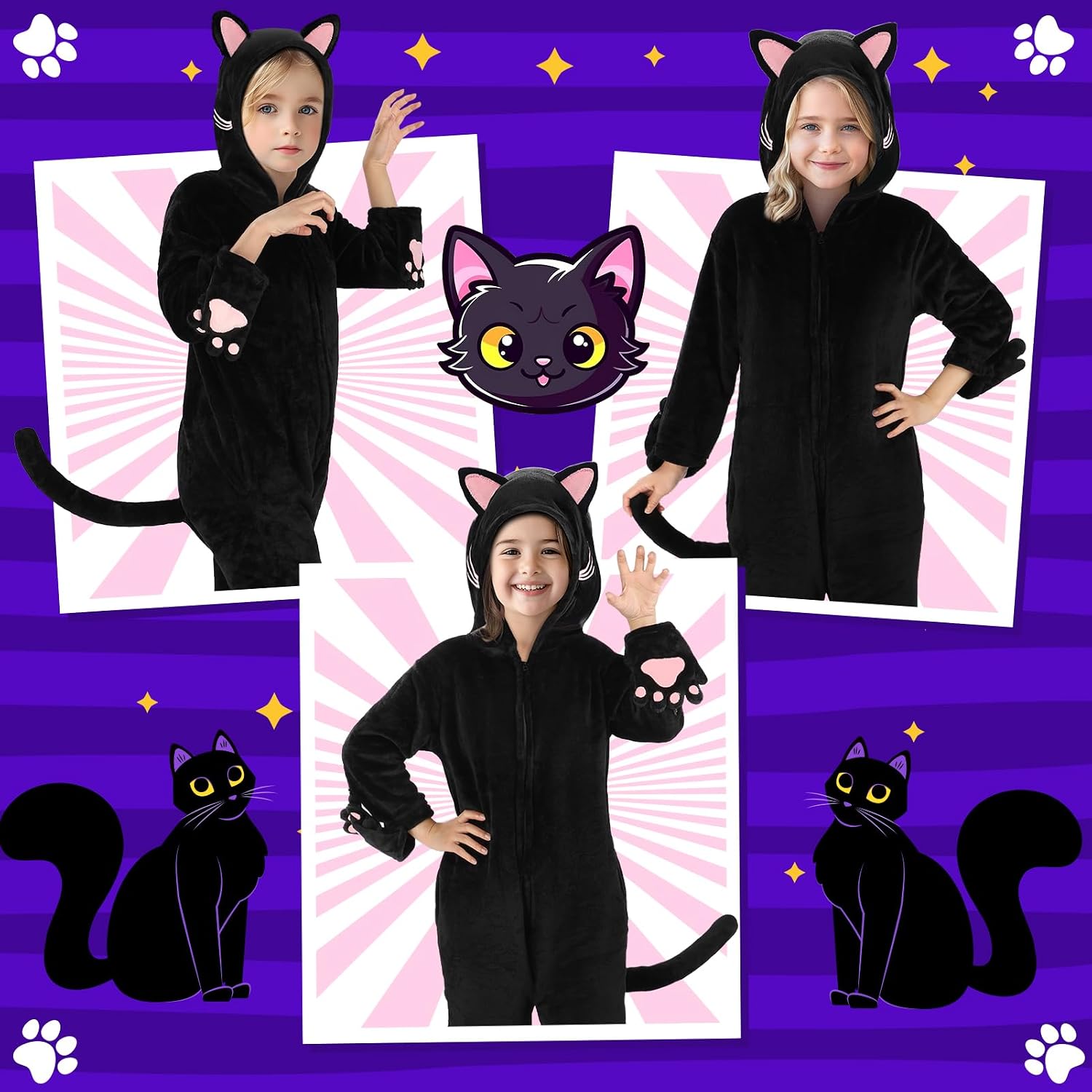 Thumbnail 4 de Joycover Black Cat Costume Onesie for Girls with Hood, Tail and Paw Gloves