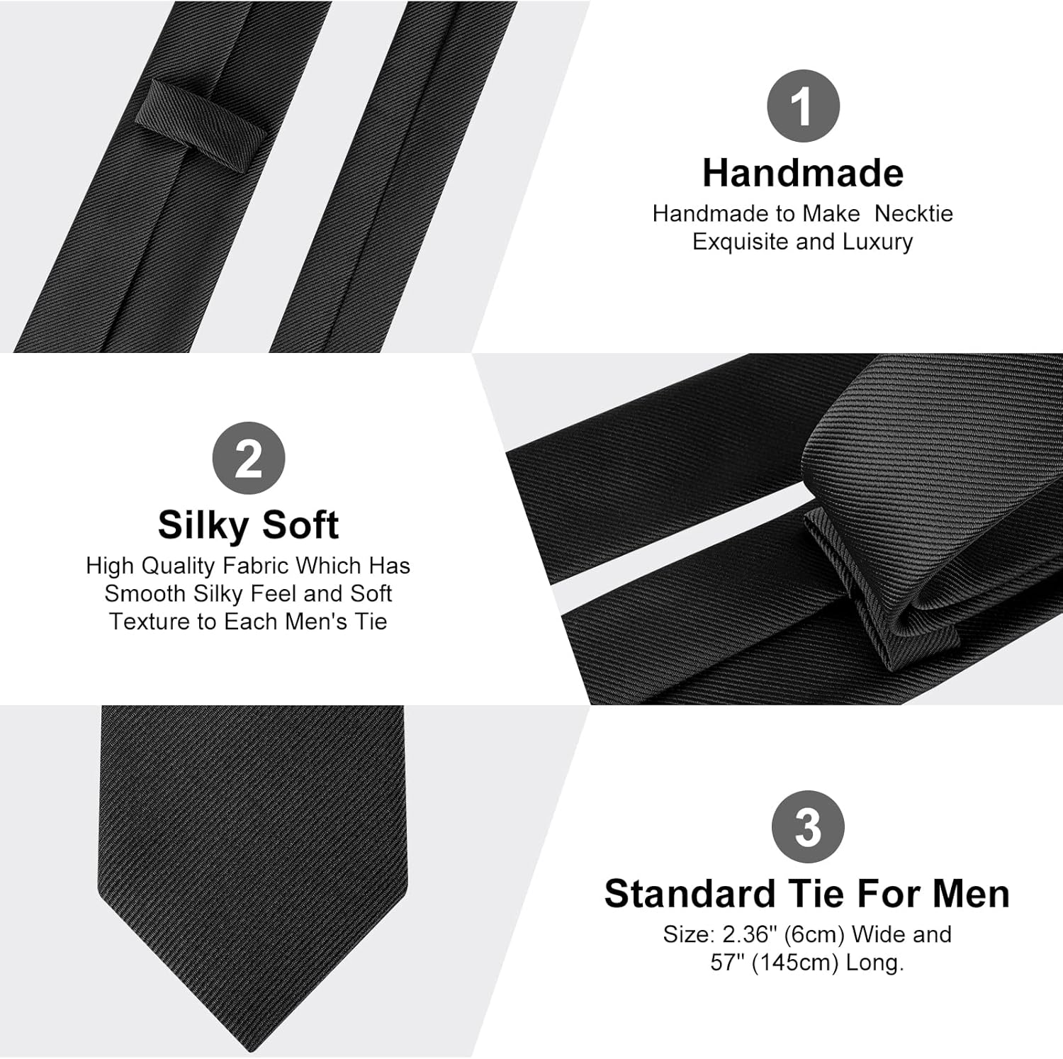 Thumbnail 2 de URAQT Cravate homme étroite slim ajustable noire (mariage & affaires) – 6 cm de large, 145 cm