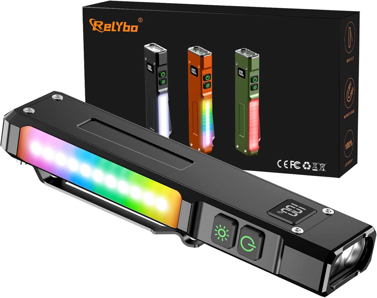 Detalle de Relybo FP110 led-zaklamp met uv-licht van 395 nm, COB-zijlicht en 9 standen