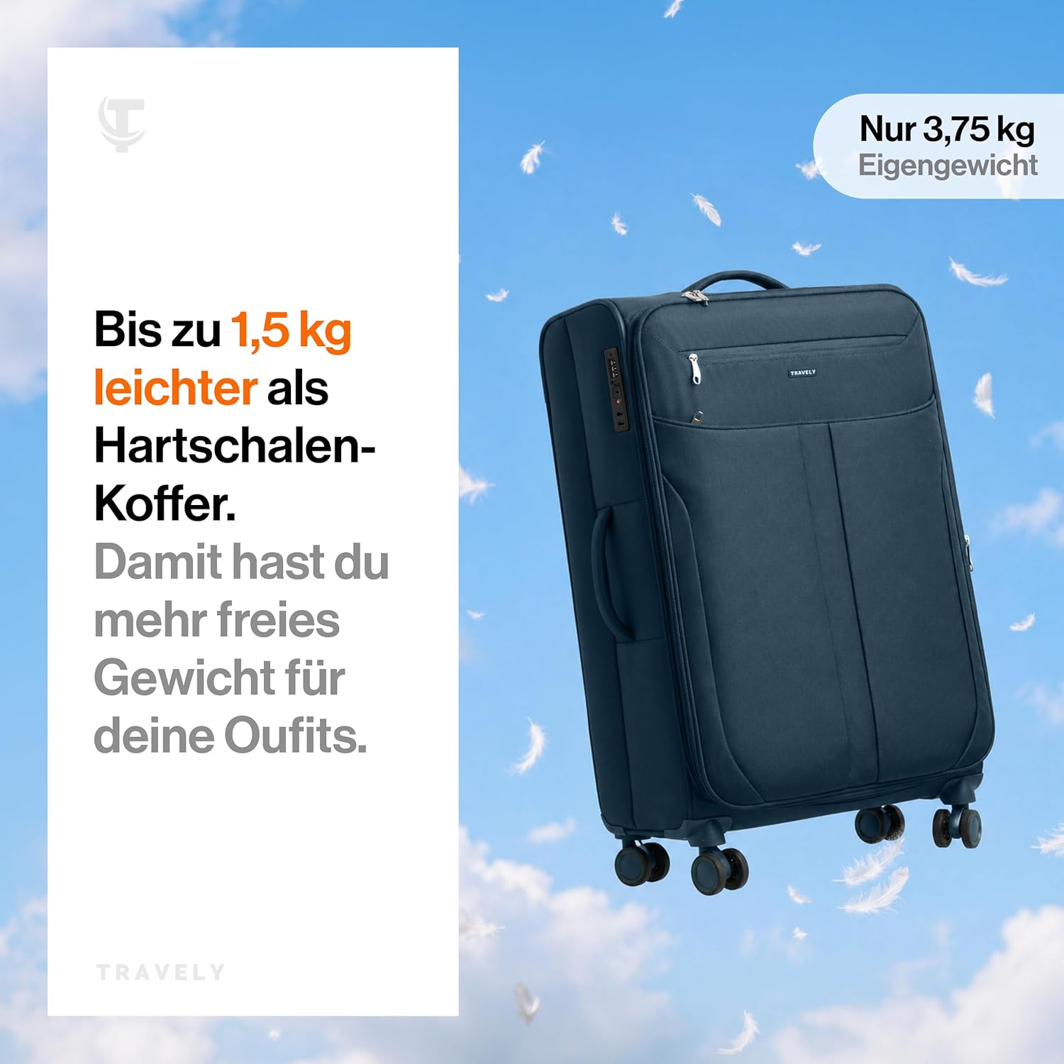 Detalle de Travely Stoffkoffer XL – Großer, leichter Reisekoffer mit 4 Rollen und TSA-Schloss