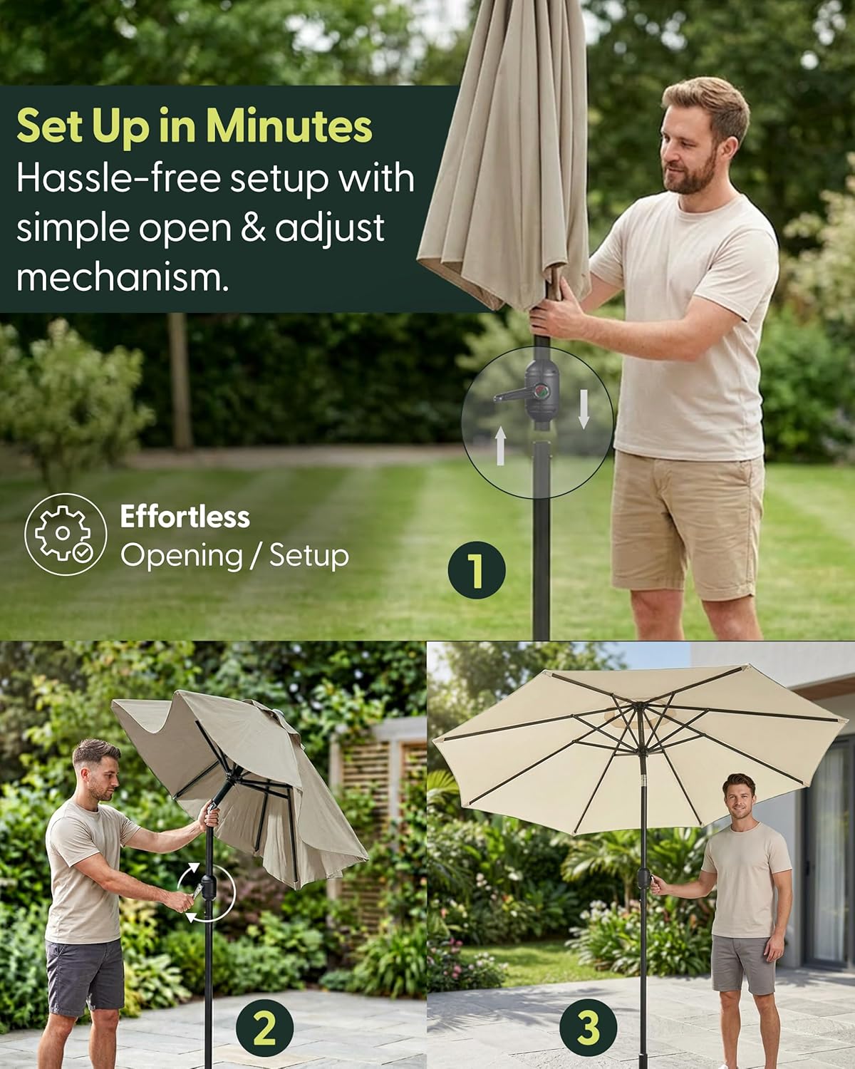 Thumbnail 6 de KEPLIN Tilting Parasol Crank & Tilt Outdoor Umbrella with Protective Cover, UPF 50+ 180gsm Polyester Canopy (2m)