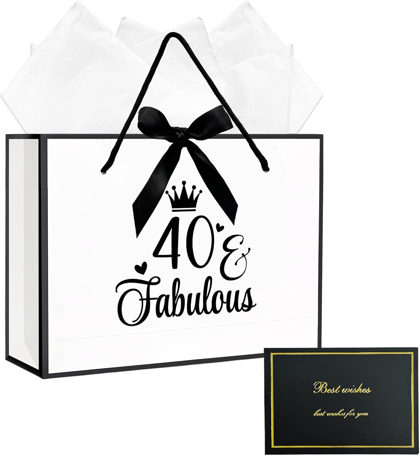 40th Birthday Gift Bag with Wrapping Paper and Card (White) – Gift bag set for milestone birthdays