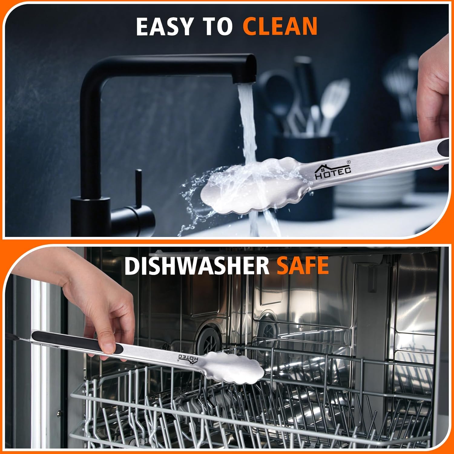 Thumbnail 6 de Hotec Küchenzange aus Edelstahl mit hitzebeständigem Silikongriff – 2er-Set, verriegelbar (23 cm & 30,5 cm, Schwarz)