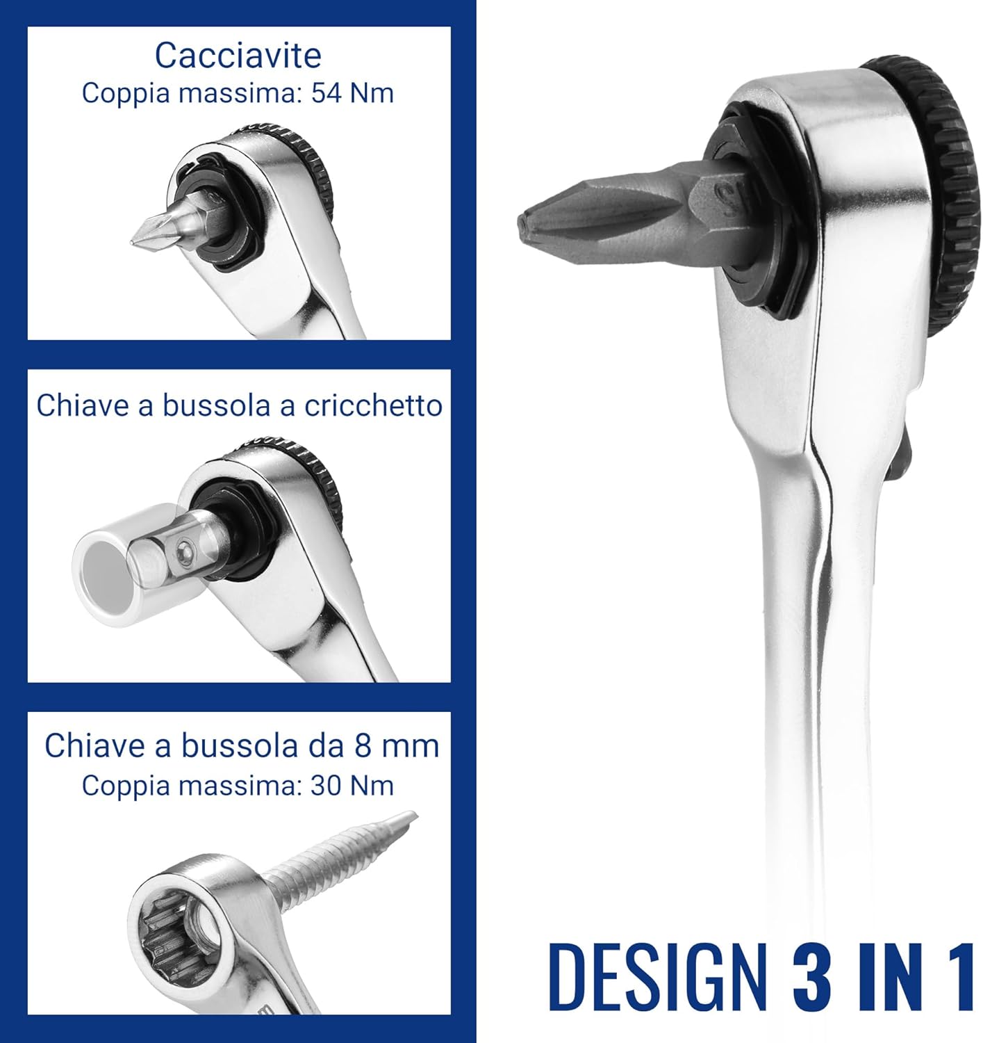 Thumbnail 2 de WORKPRO Mini chiave a cricchetto doppia testa 1/4" – design 3 in 1, 72 denti, 105 mm