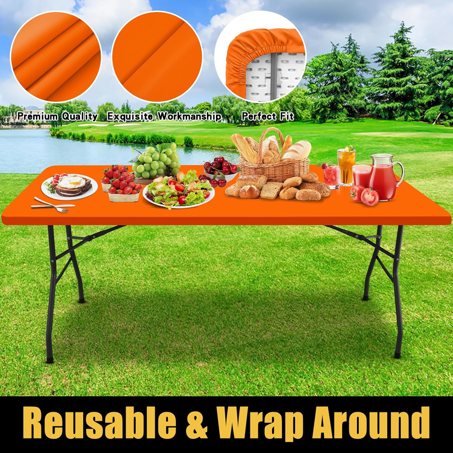 Thumbnail 4 de Smiry Rectangle Picnic Table Cloth: Waterproof Elastic Fitted Cover for 8-Foot Tables (Orange, 30" x 96")