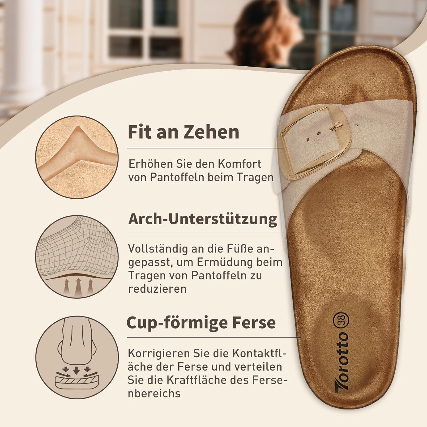 Thumbnail 4 de Torotto Pantoletten & Damen-Sandalen mit verstellbarem Gurt – bequeme Latschen/Hausschuhe mit flachem Absatz