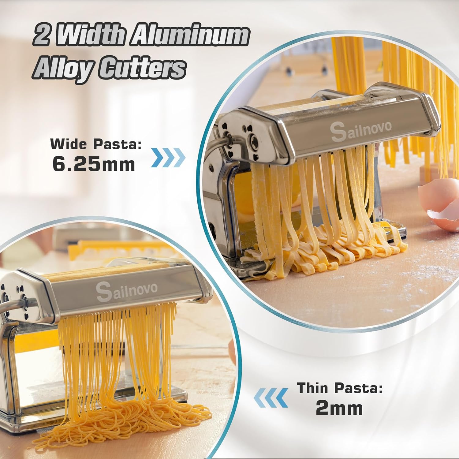 Detalle de Sailnovo 3 in 1 Pasta Maker Machine with 9 Thickness Settings and 2 Width Cutters (Aluminum & Stainless Steel)
