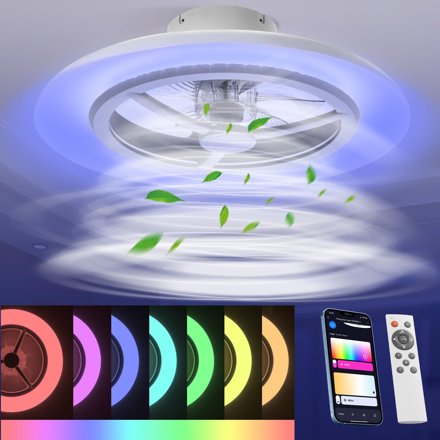 Detalle de BKZO 55 cm Smart LED Ceiling Light with Fan — RGB, Dimming, and App Control