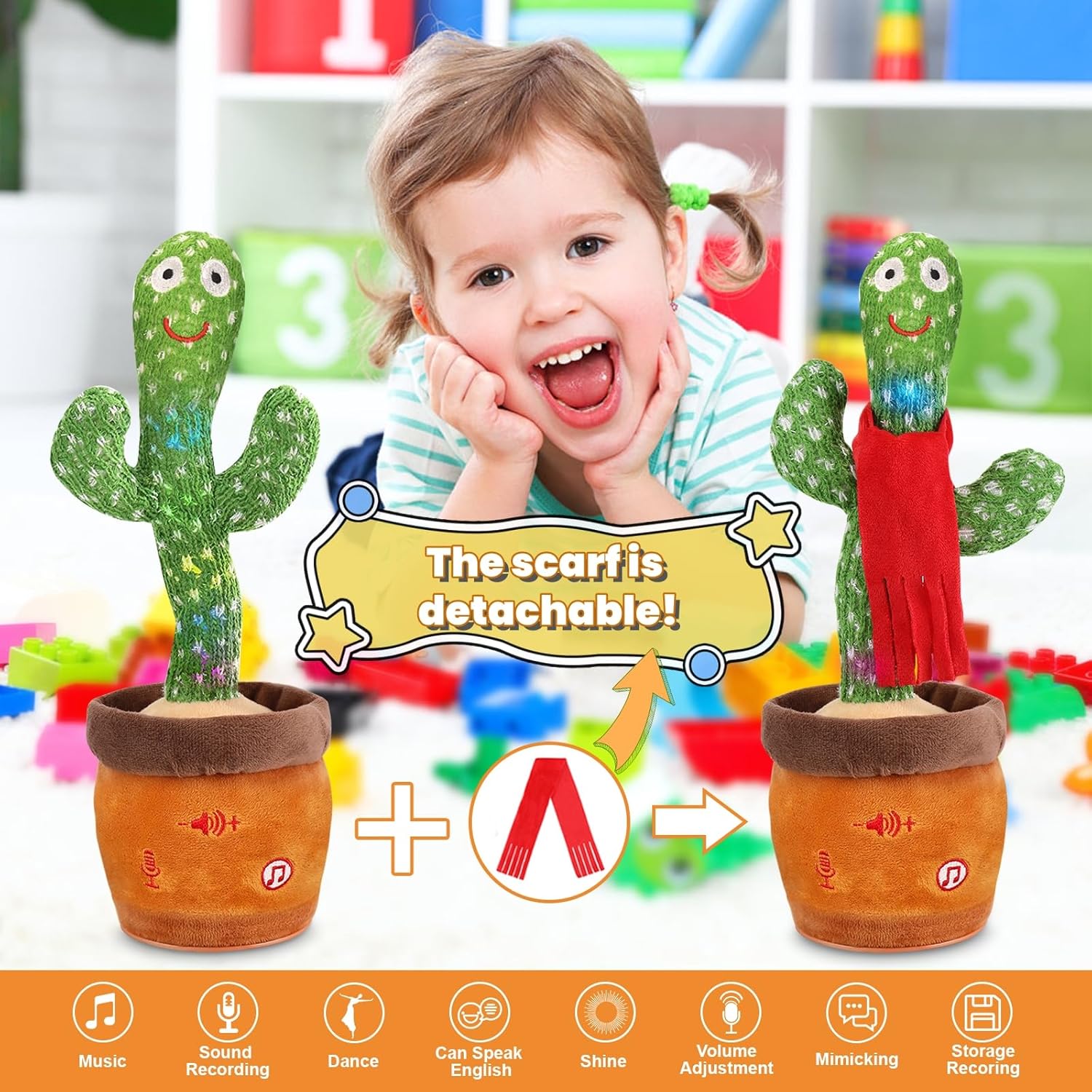 Thumbnail 1 de Edencomer Sprechender Tanzender Kaktus mit einstellbarer Lautstärke – singendes Plüschspielzeug zum Nachsprechen (roter Schal)