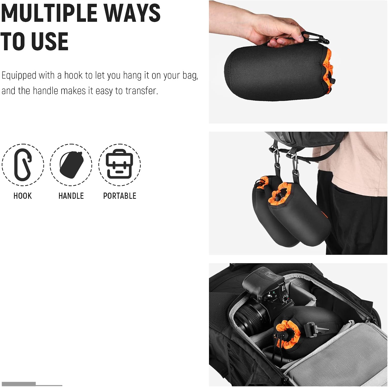 Thumbnail 5 de NEEWER pochette en néoprène pour objectif photo (4 tailles) – sac de protection épais intérieur orange