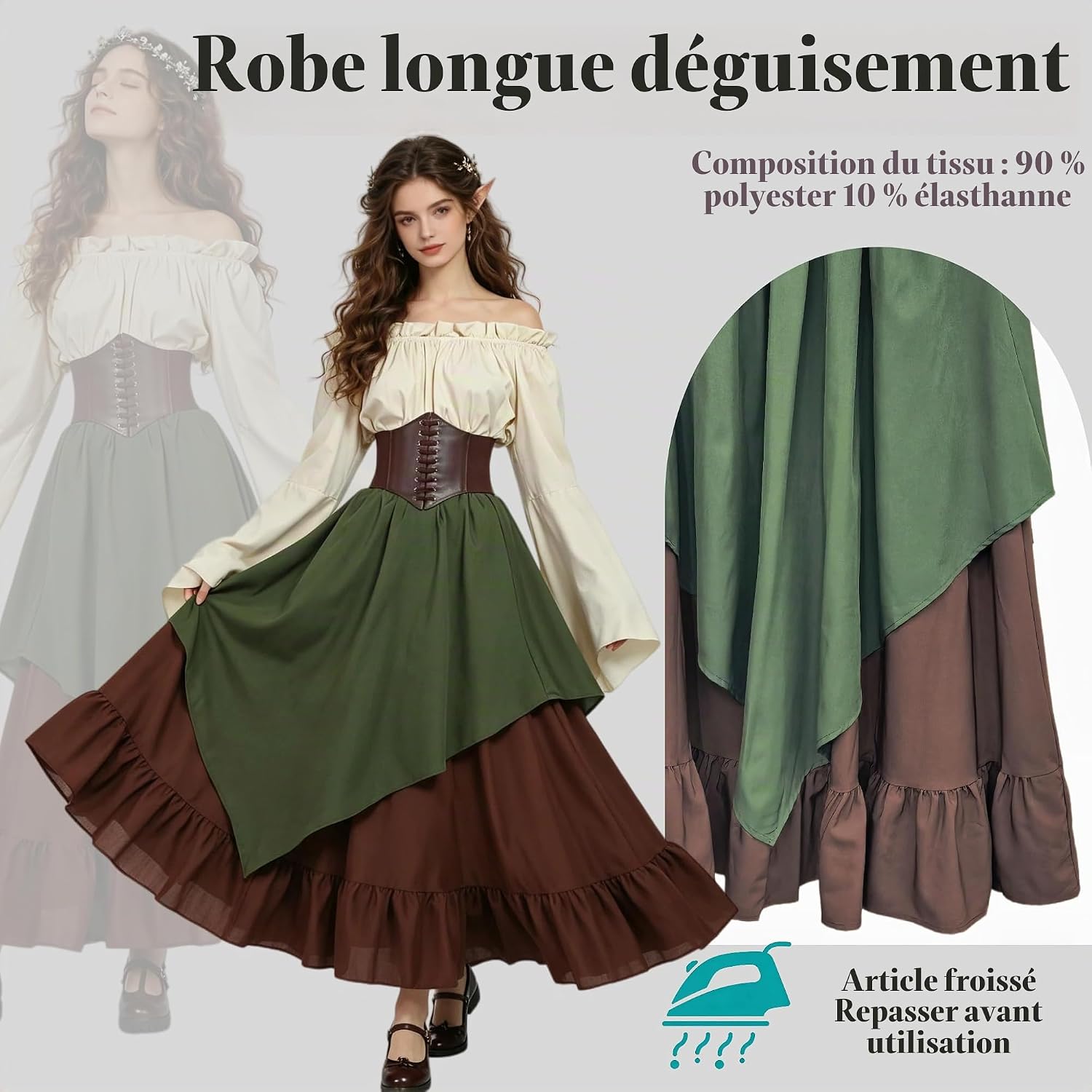 Detalle 2 de Kasahara middeleeuws dameskostuum met offshoulderjurk, corset en riemtas