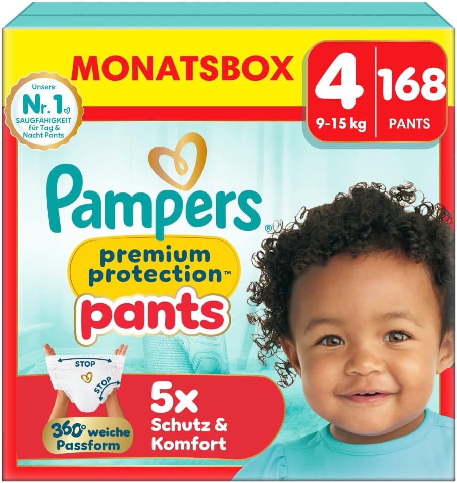 Detalle de Pampers Premium Protection Pants Größe 4 – 168 Windeln mit 360° Passform und Anti-Auslaufbündchen