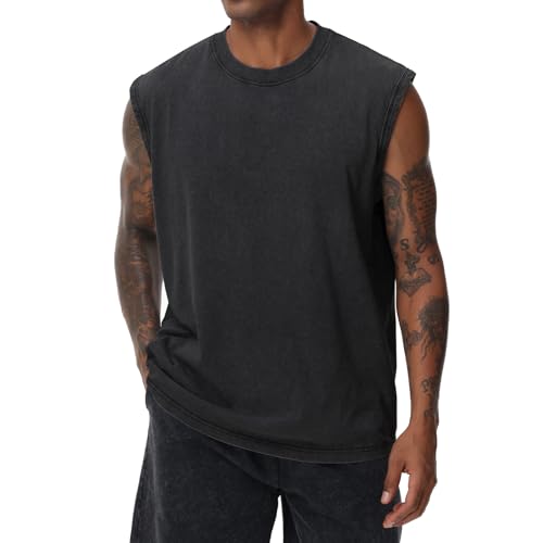 Detalle de HOUZONIY Herren Tanktop – Kurzarm Sommer, ärmellose Weste aus Baumwolle (Schwarz, Größe L)