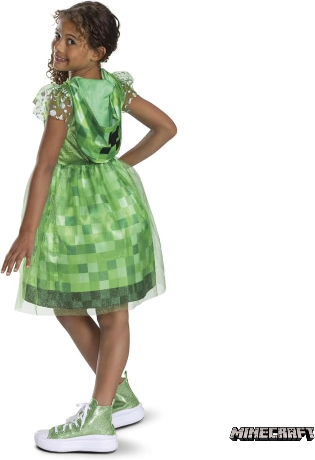 Detalle de Minecraft Creeper verkleedjurk met capuchon, pixelprint en meshdetails