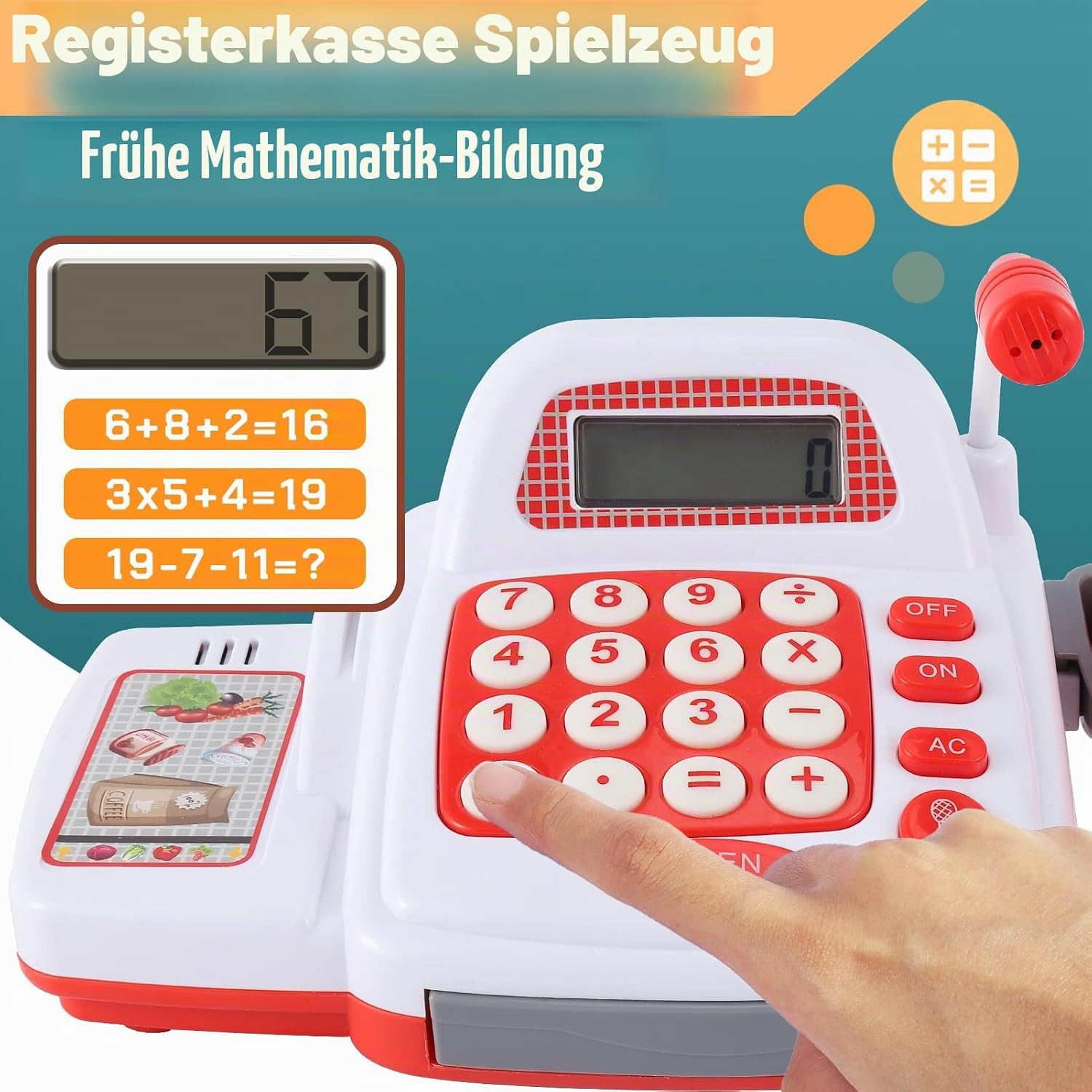 Detalle de TOEY PLAY Kinderkasse mit Scanner & Sound (Kaufladen-Spielzeug) – Spielkasse für Rollenspiel ab 3 Jahren