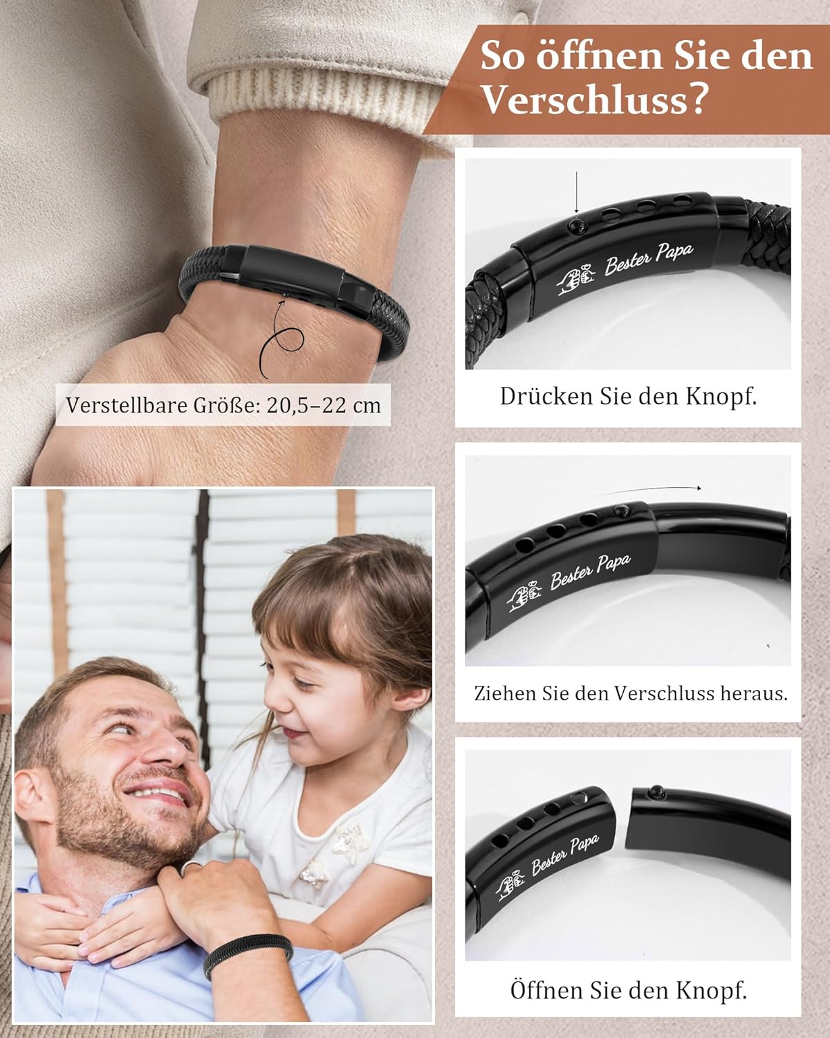 Thumbnail 2 de CheersLife „Ich Liebe Dich“ Lederarmband mit „Bester Papa“-Gravur – Geschenk für Papa von Sohn/Tochter