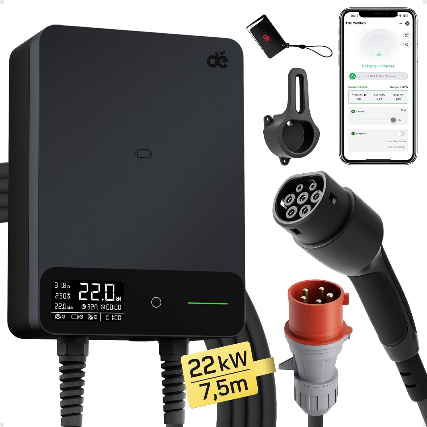 Detalle de dé Wallbox 22kW mit APP – 7,5 m Typ 2 Kabel, IP54, 3-Phasen EV-Ladegerät (6–32A, 400V)