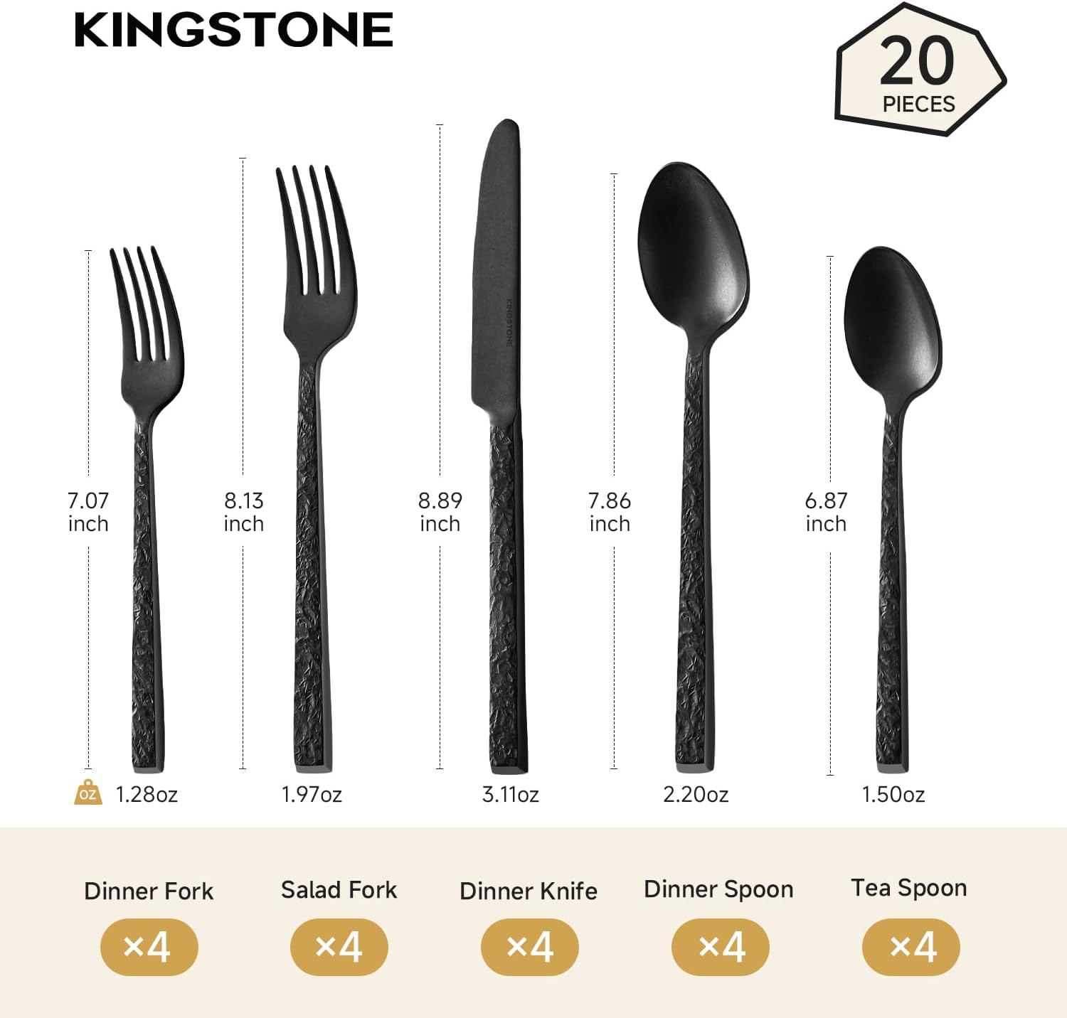 Detalle 2 de KINGSTONE 20-Piece Black Hammered Flatware Set 🍽
