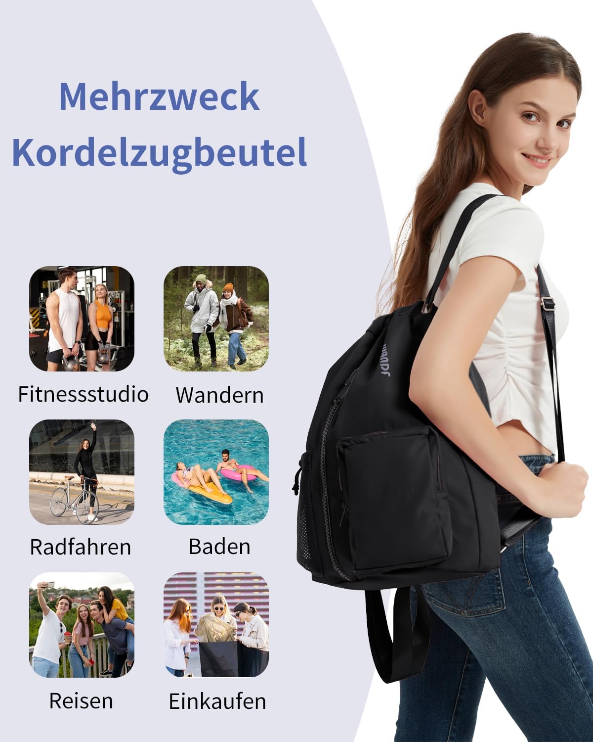 Thumbnail 5 de WANDF Turnbeutel mit Schuhfach und Nassschutz – Sportbeutel mit Kordelzug, 24 Liter (Schwarz)