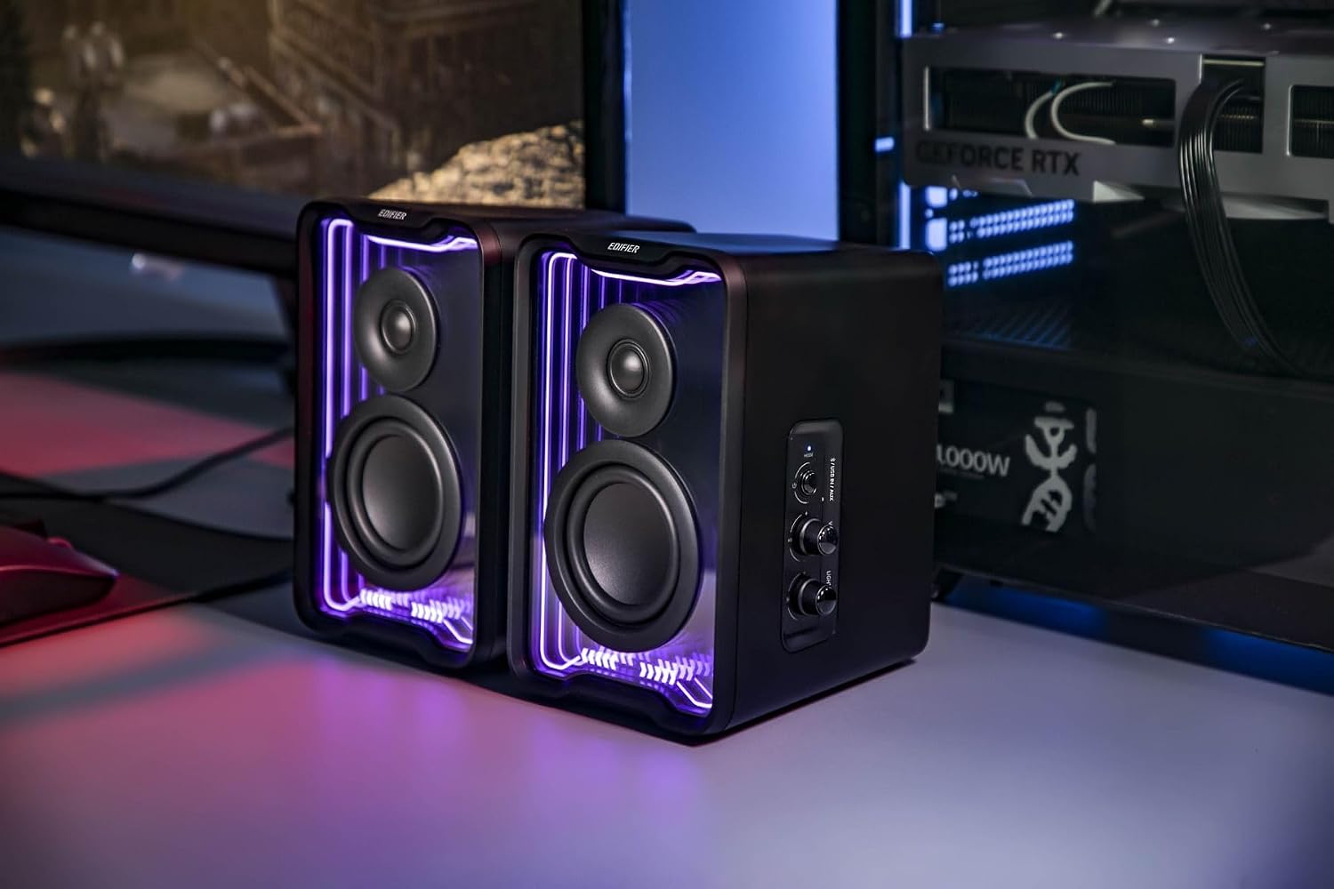 Detalle 2 de Edifier QR30: Aktiver Desktop‑Lautsprecher mit Bluetooth 5.4, 30 W RMS, dynamische Lichteffekte