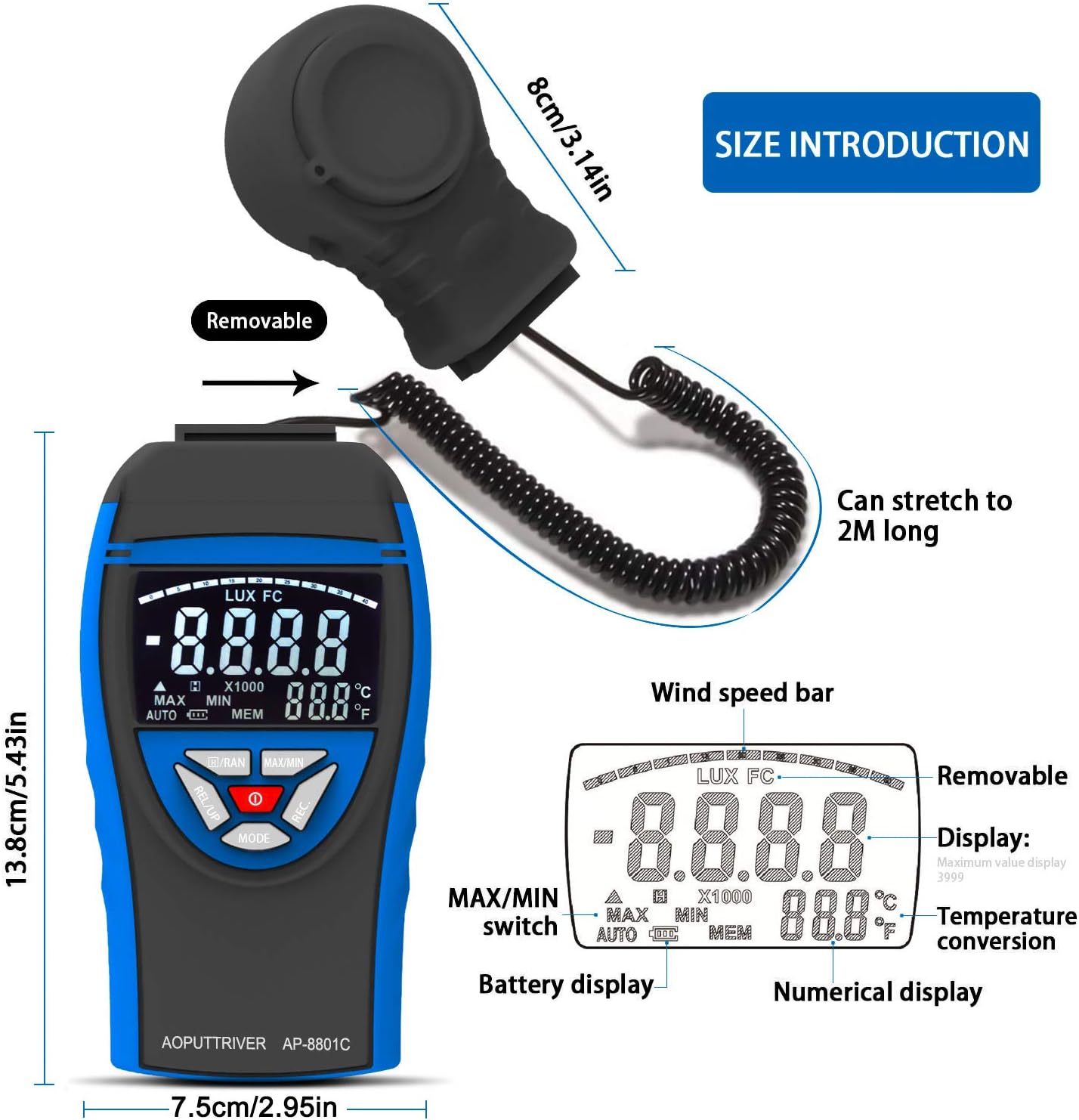 Detalle de AP-8801C Digital Luxmeter – Lichtstärke bis 400.000 Lux mit ausziehbarem Detektor