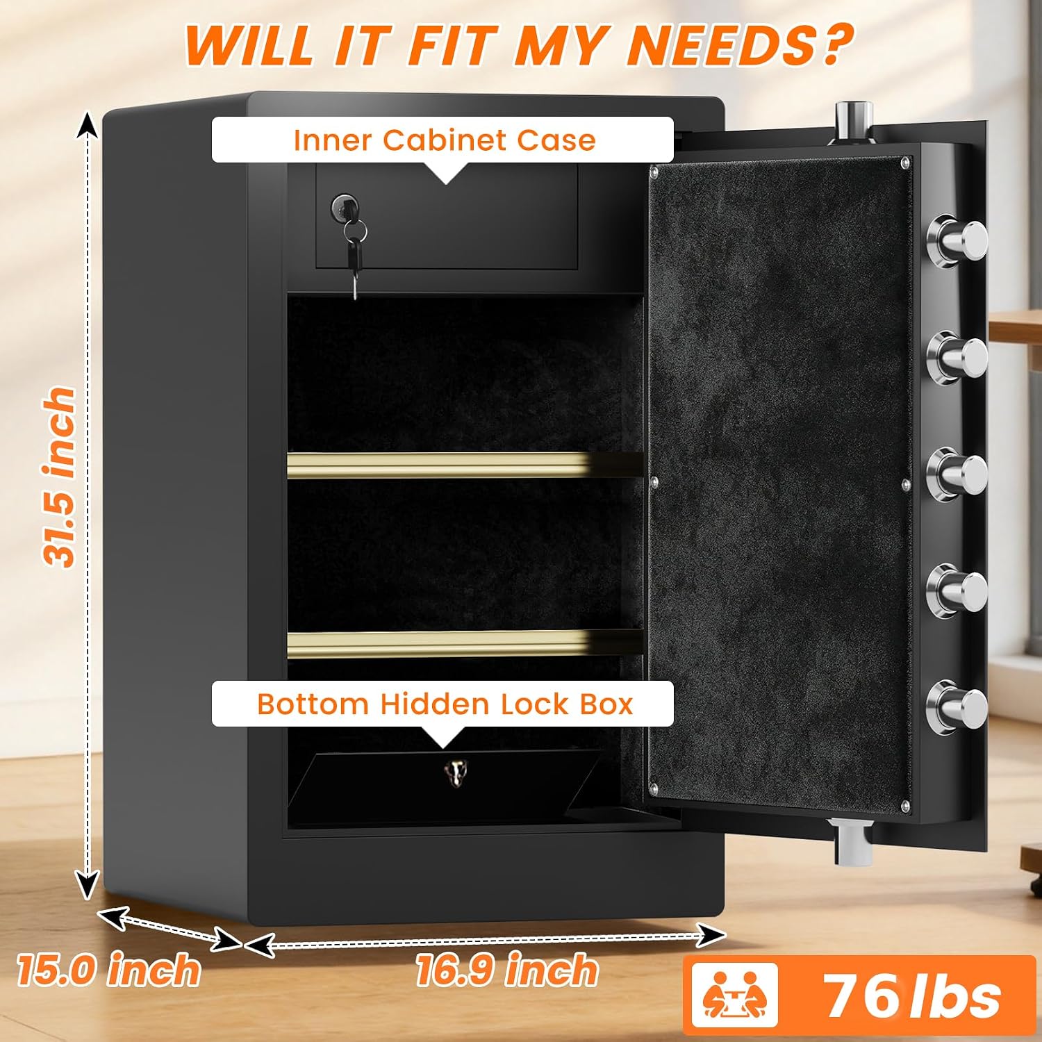 Detalle de Fireproof Biometric Safe with Gun Rack, 76 lb