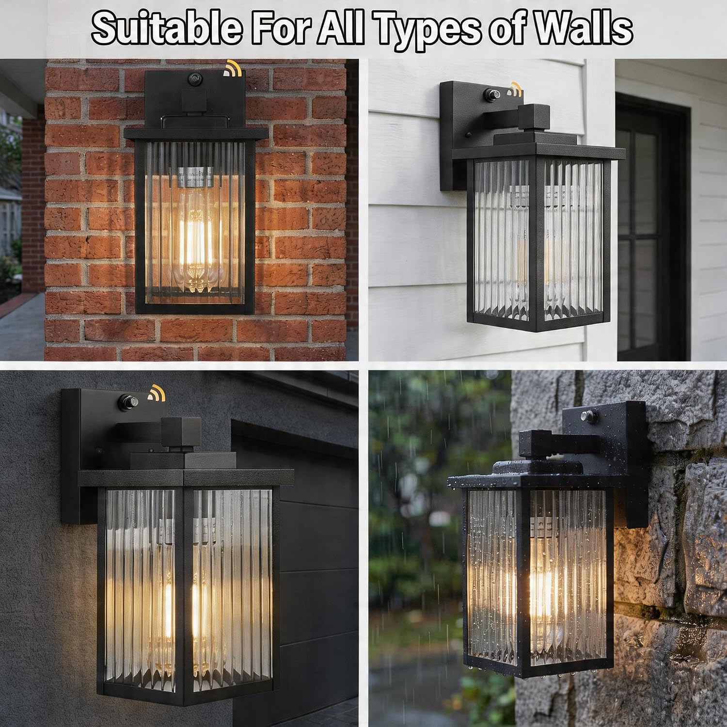 Thumbnail 6 de hameso G009 Outdoor Wall Lights, Black Metal, Textured Glass, Dusk-to-Dawn Sensor