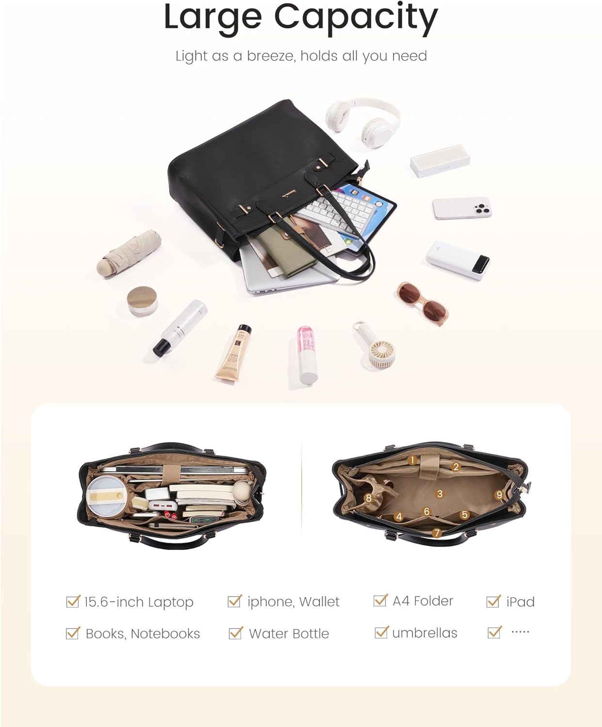 Thumbnail 4 de LOVEVOOK Damen Mittelgroße Shopper-Tasche für 15,6 Zoll mit Laptopfach (PU-Leder, wasserdicht & kratzfest)