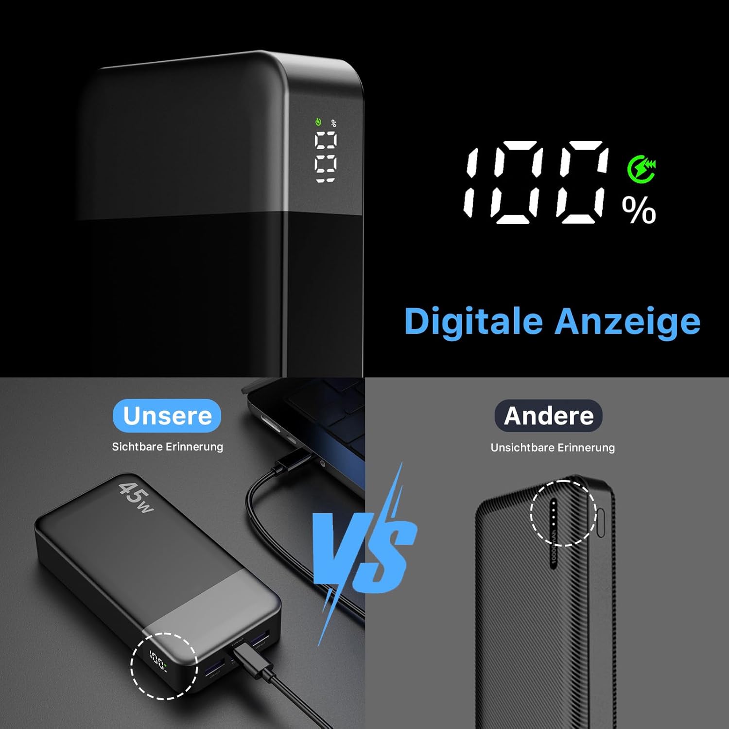 Thumbnail 5 de NOBIS Power Bank 20.000 mAh mit 45 W Schnellladen und LED-Display (C-zu-C), schwarz