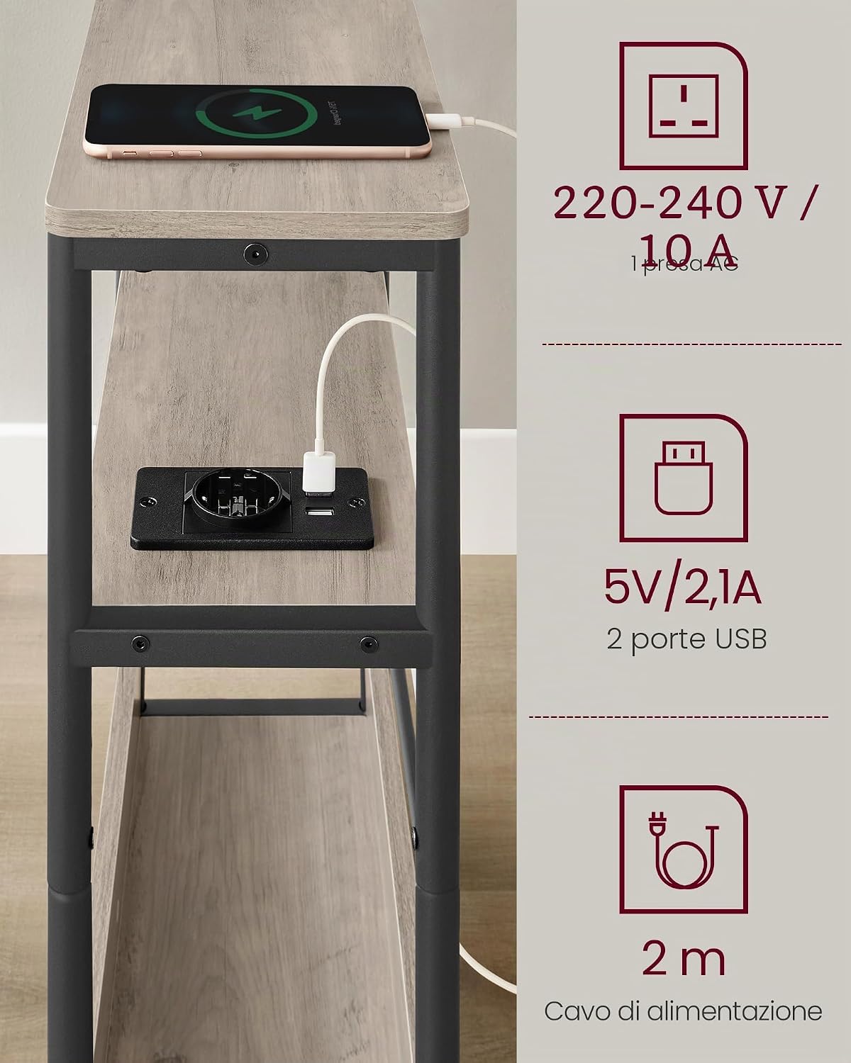 Detalle 2 de VASAGLE Tavolino con Multipresa a 3 Ripiani LET335K05: salvaspazio, carica integrata e stile moderno