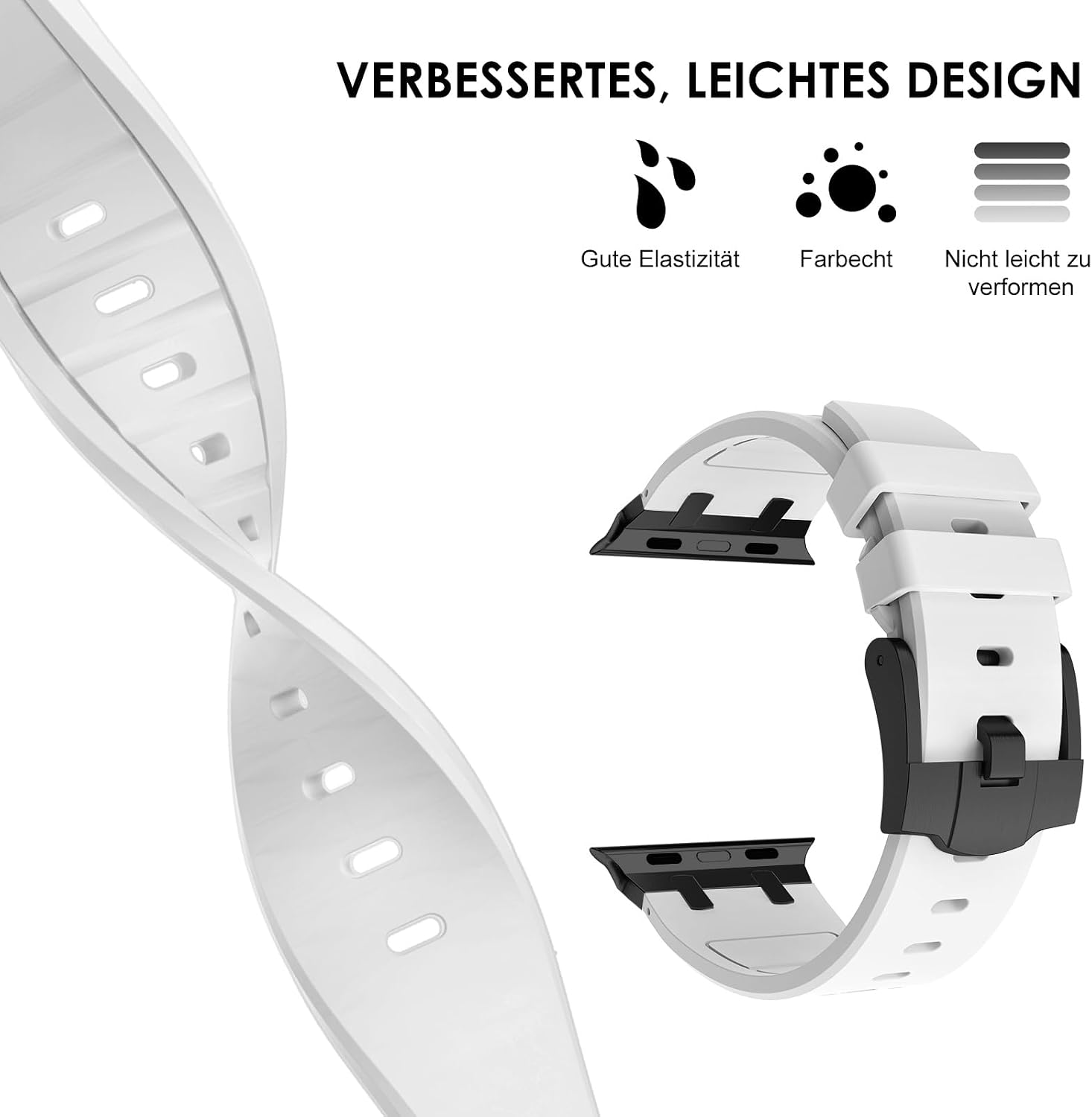 Detalle de NewWays Silicone Strap with Stainless Steel Connector for Apple Watch (42mm/41mm/40mm/38mm) – White/Black