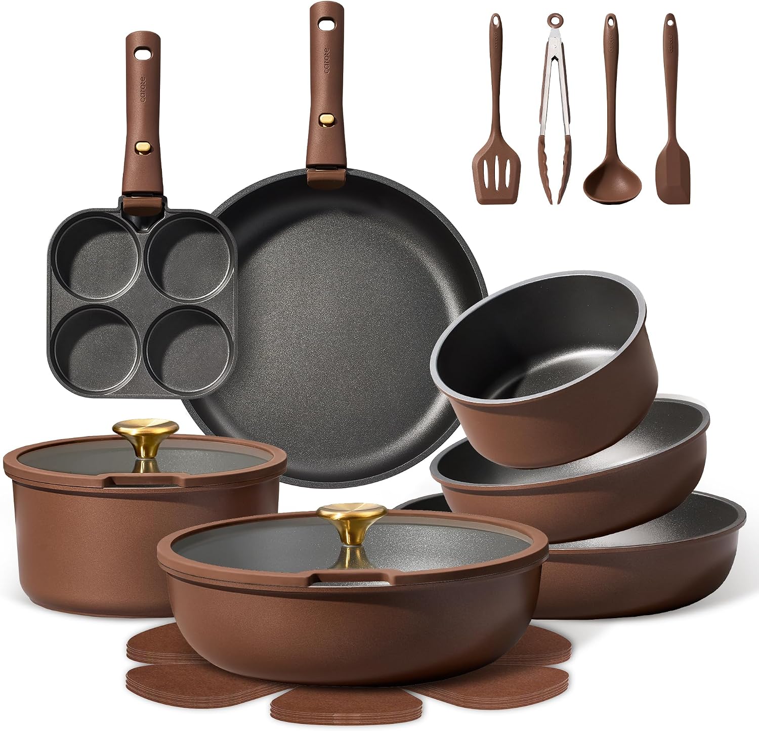Detalle de CAROTE 21-Piece Pots and Pans Set with Detachable Handle (Nonstick, Oven Safe) — Brown