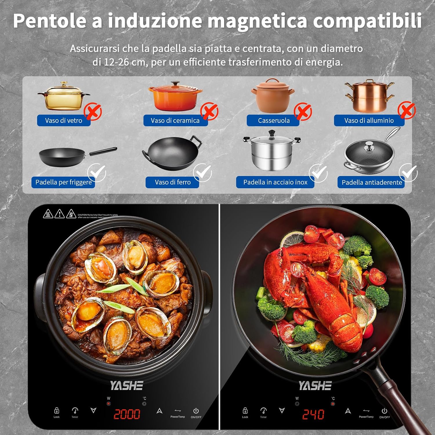 Detalle de YASHE Piastra a Induzione Doppia 3500W: due zone indipendenti, controllo touch e display LED