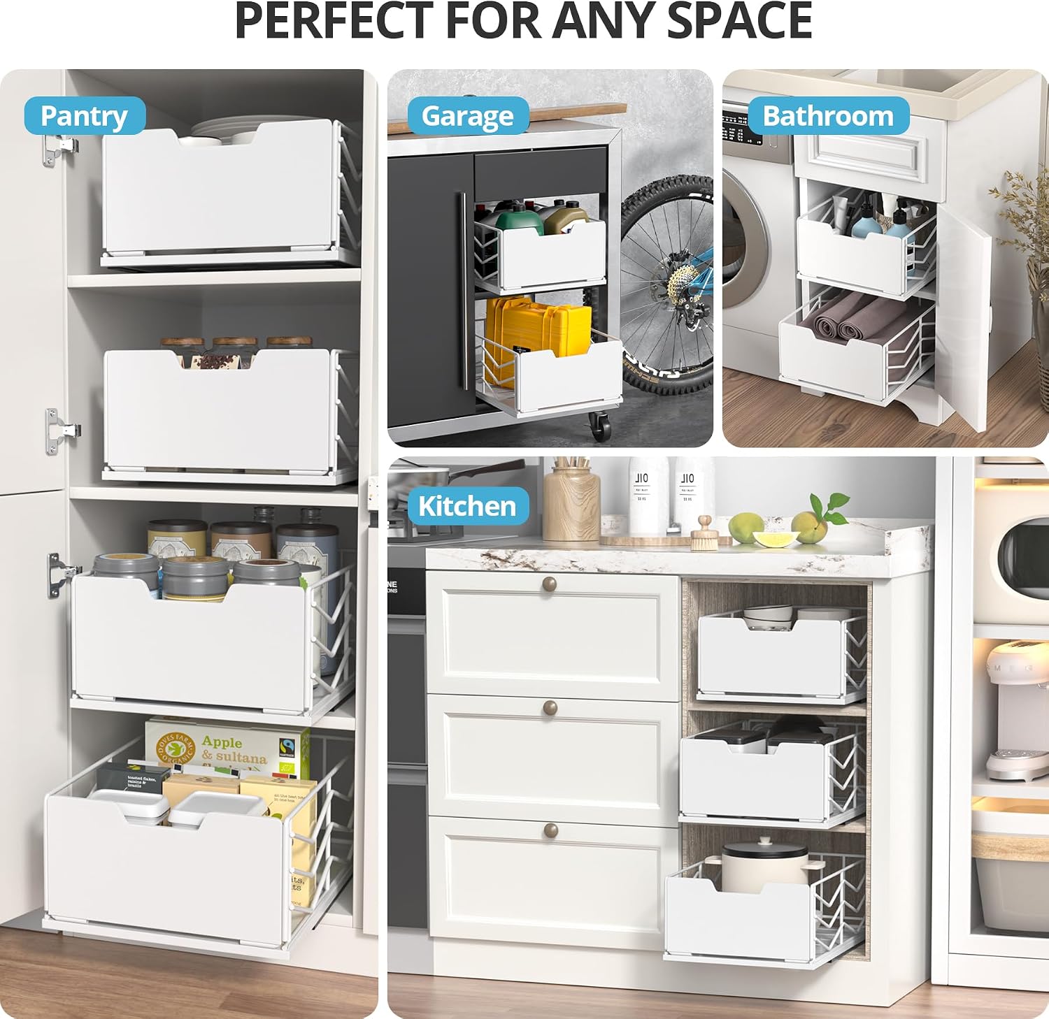 Detalle 1 de ZOINLIY 2-Pack Pull-Out Cabinet Organizer, White Metal Pantry Drawer