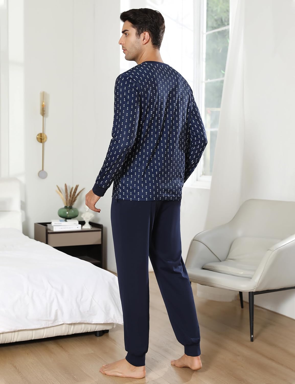 Thumbnail 4 de Bresdk Pyjama Homme Coton Hiver Chaud Rayures Bleues Marine