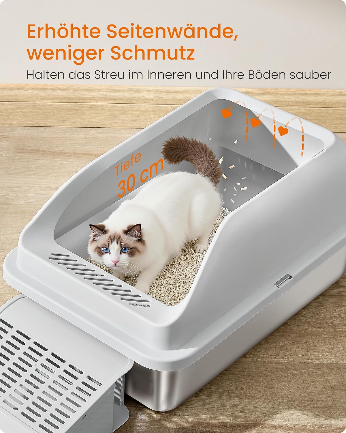 Detalle 2 de Feandrea Katzenklo aus Edelstahl mit hohen Seitenwänden, Trittstufe & Zubehör – für Katzen bis 15 kg, schiefergrau