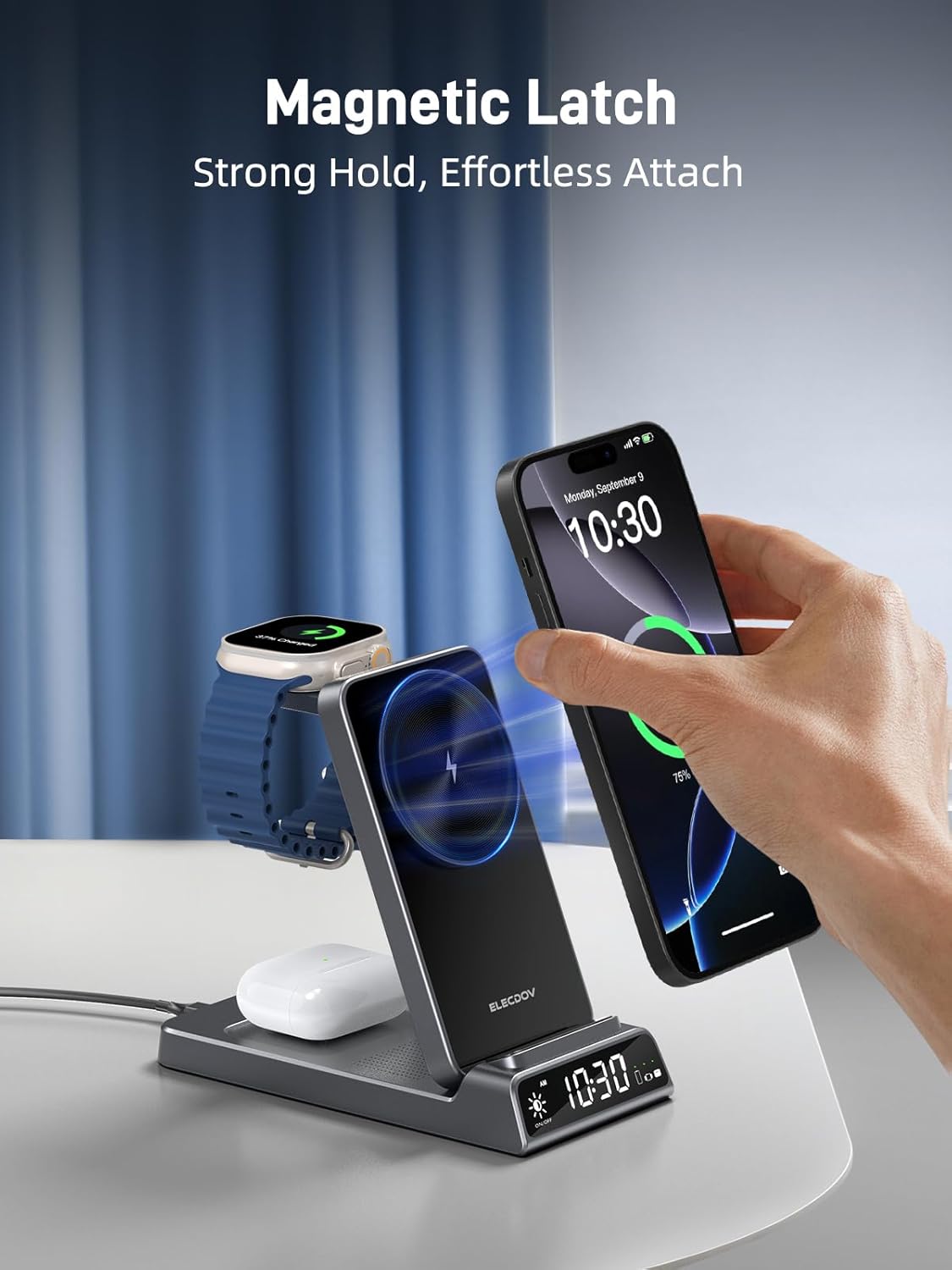 Thumbnail 4 de Elecdov Station de charge magnétique sans fil 3 en 1 avec horloge (pliante, compatible Apple) — Chargeur iPhone, Apple Watch et iWatch 10