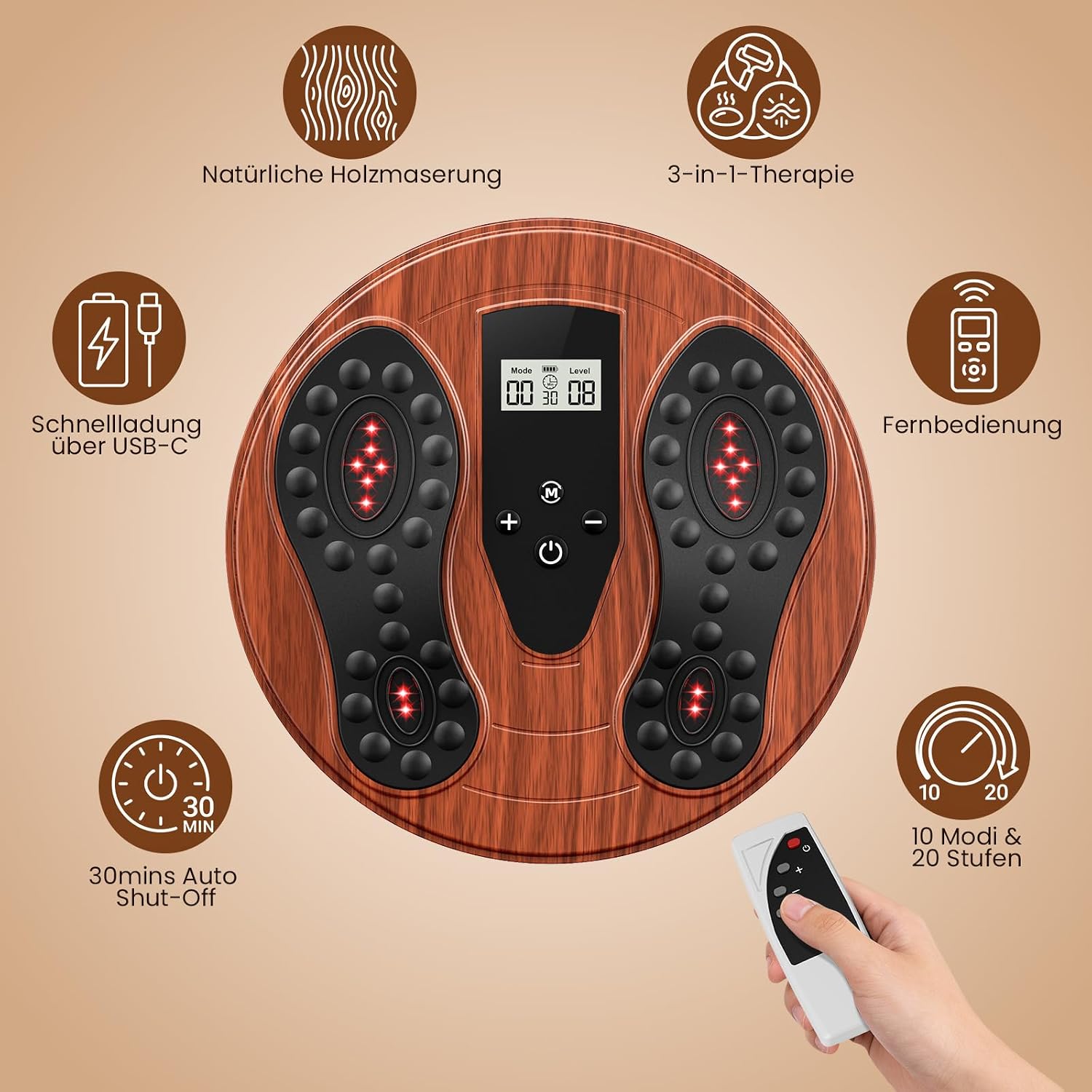 Detalle de Medic Durchblutungs-Stimulator Füße Beine – EMS Fußmassagegerät mit Rotlicht (660 nm + 850 nm) und 4 TENS-Pads