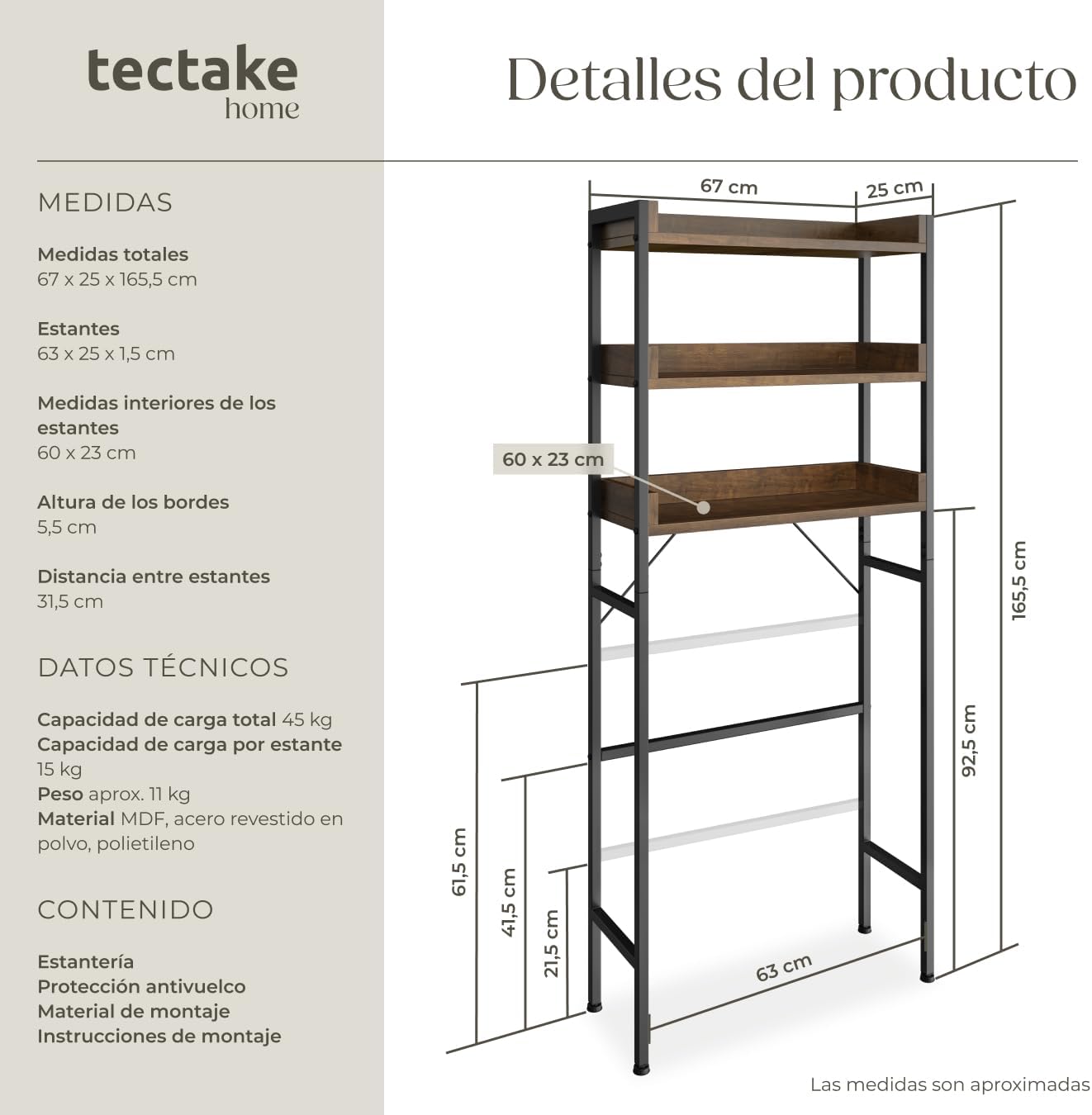 Detalle 2 de tectake® Estanteria baño estilo industrial 165,5 cm