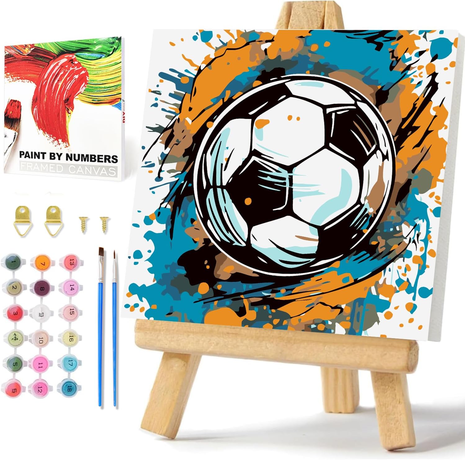 Detalle de Daisen Art Fußball Malen nach Zahlen mit Rahmen – 20x20 cm, inkl. Geschenkbox, Leinwand, Farben und Pinsel