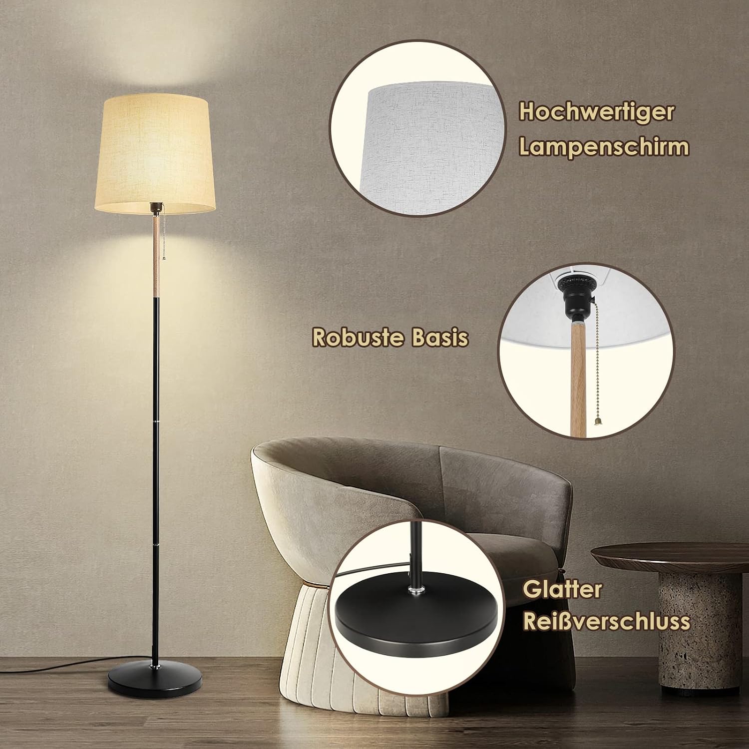Detalle de Lampada da terra/pian tana con paralume in tessuto e attacco E27 (H 170 cm) per salotto e ufficio