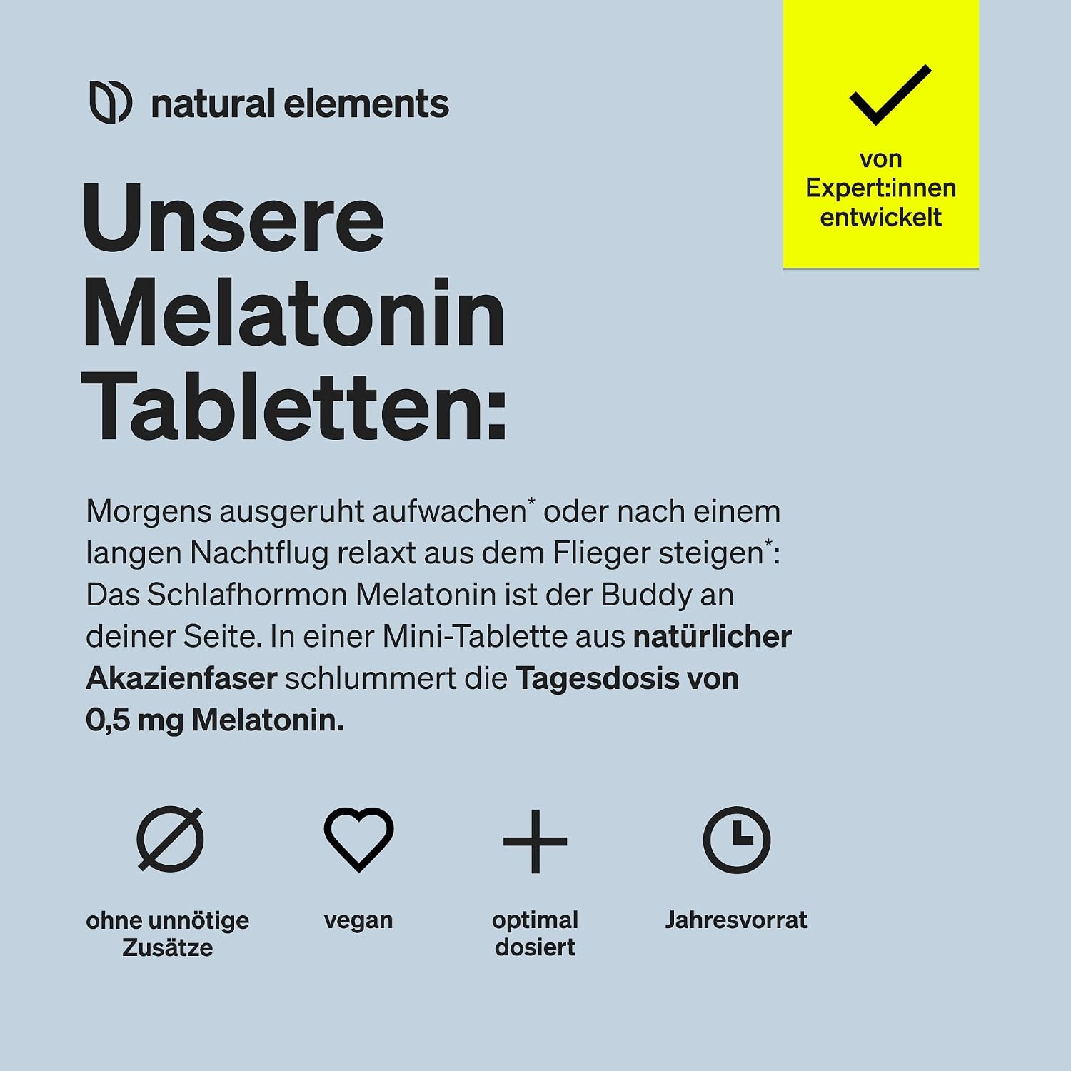 Thumbnail 2 de natural elements Melatonin – 365 Tabletten – 0,5mg Melatonin pro Tablette – hochdosiert – Ohne unerwünschte Zusätze – Laborgeprüft – Alternative zu Einschlafspray - 100% vegan
natural elements Melatonin – 365 Tabletten – 0,5mg…
