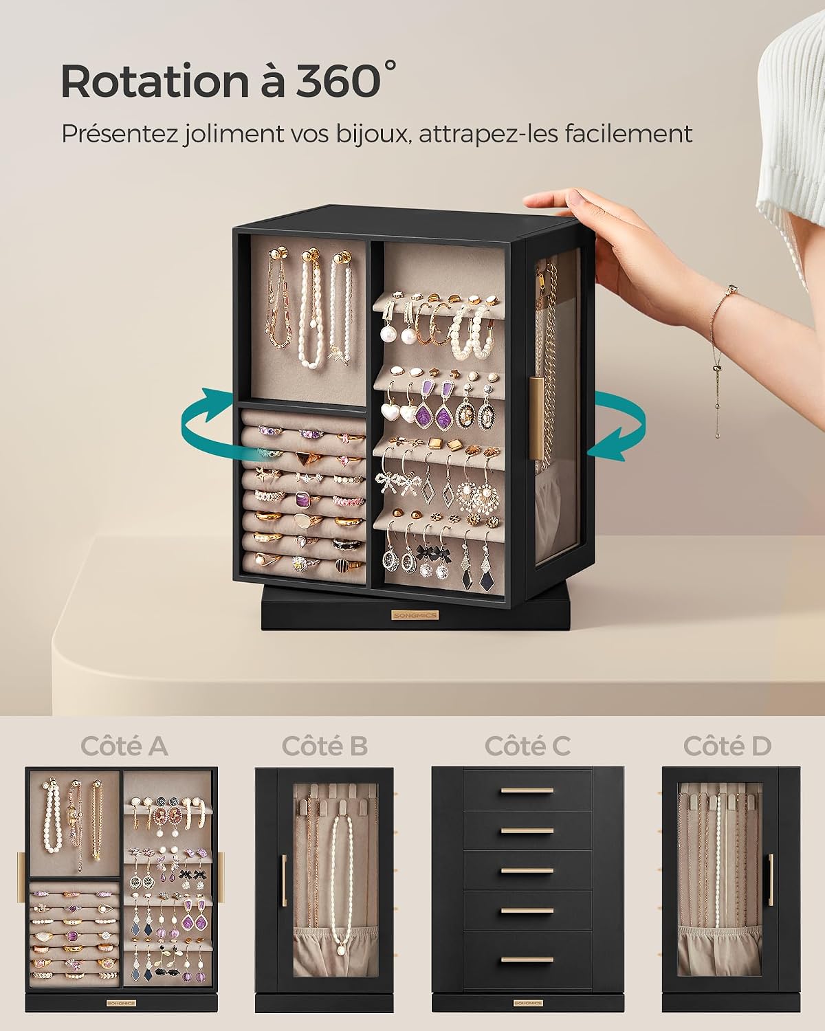 Thumbnail 2 de SONGMICS Boîte à Bijoux Rotative 360° JBC170B01 – Coffret noir graphique avec 5 tiroirs et vitres latérales