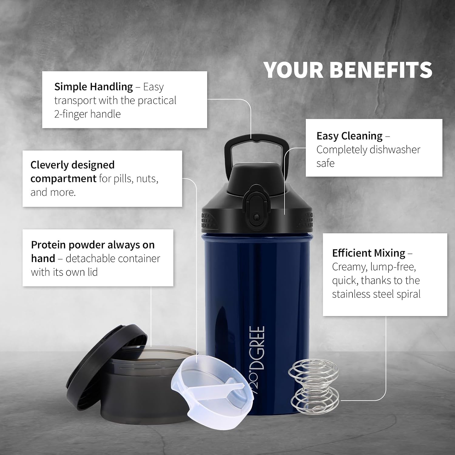 Detalle de 720°DGREE uberShaker Protéiné 550 ml — shaker avec compartiment poudre et mélangeur spirale