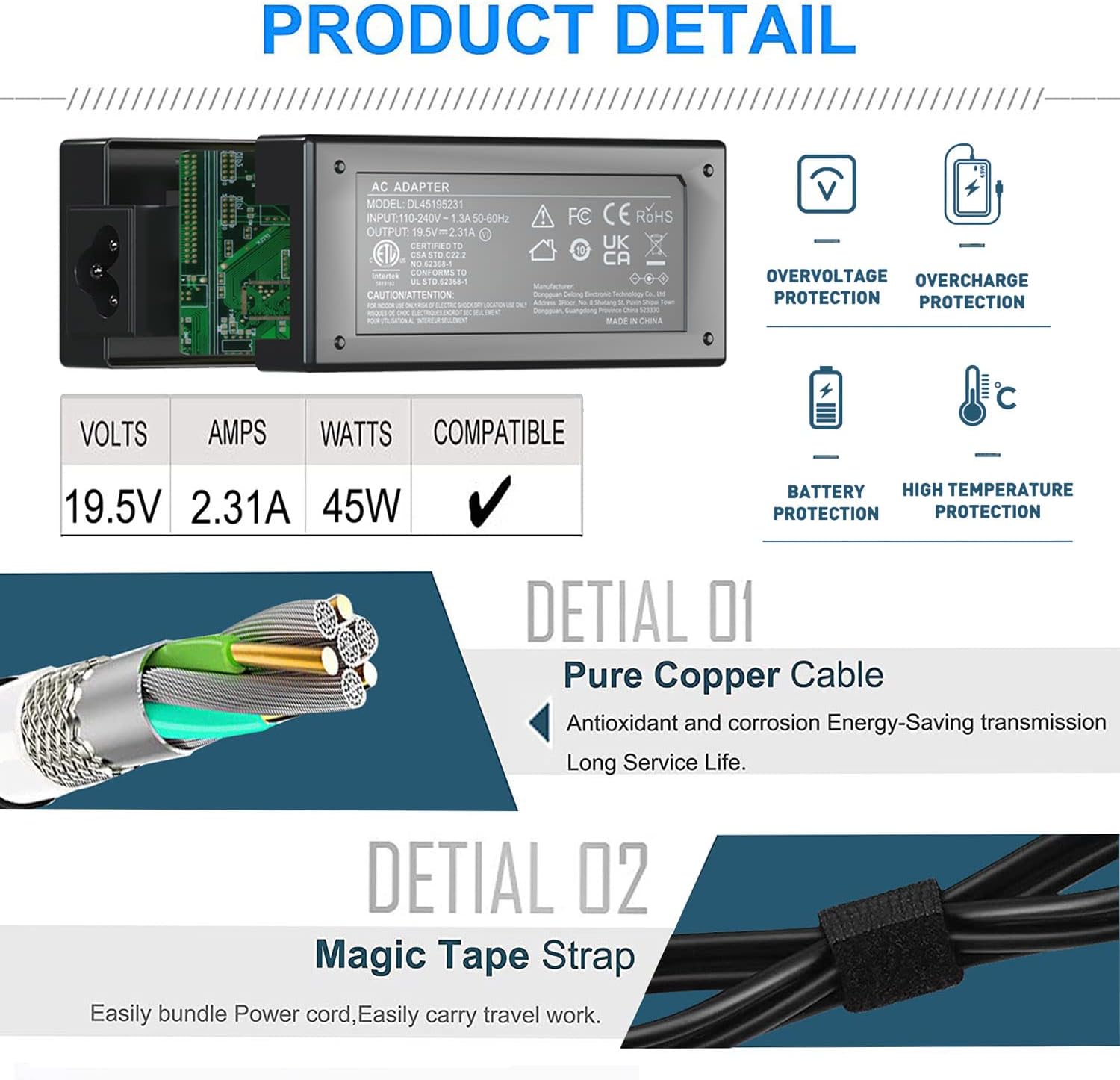 Thumbnail 4 de 45W Laptop Charger for HP laptops with blue tip (19.5V 2.31A, 4.5mm x 3.0mm) – AC adapter power supply