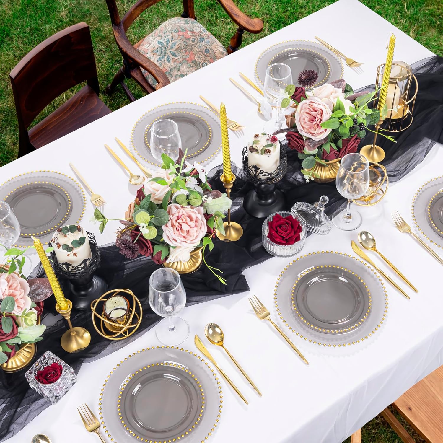 Thumbnail 3 de EI 60pcs Clear Black and Gold Plastic Plates: Heavy-Duty 10" Dinner & 7" Dessert Set