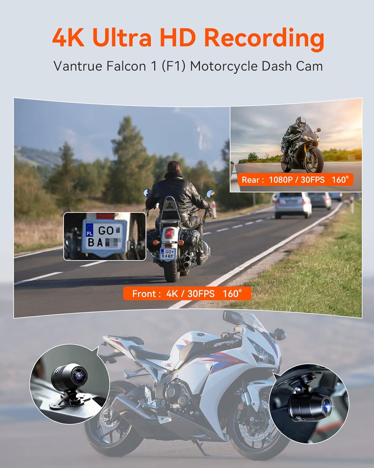 Thumbnail 1 de VANTRUE F1 Motorcycle Camera (4K front + 1080P rear, 5GHz WiFi, GPS, HDR/WDR, IP67, 24H parking mode)