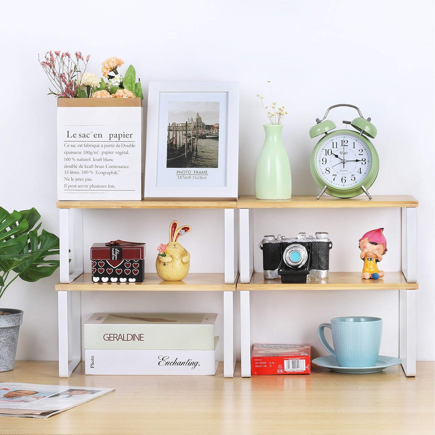 Detalle de NEX Bamboo Kitchen Cabinet & Counter Shelf Organizer (Set of 4) — Stackable, Expandable, White & Natural