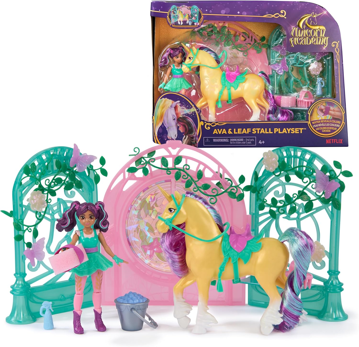 Detalle de Unicorn Academy Ava & Einhorn Leaf Leaf Stall Spielset mit Farbwechseleffekt (Figuren ca. 11/12 cm) und 15 Accessoires – für Kinder ab 4 Jahren